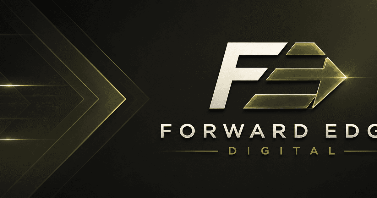 Forward Edge Digital wide brand scene with directional rails and primary lockup