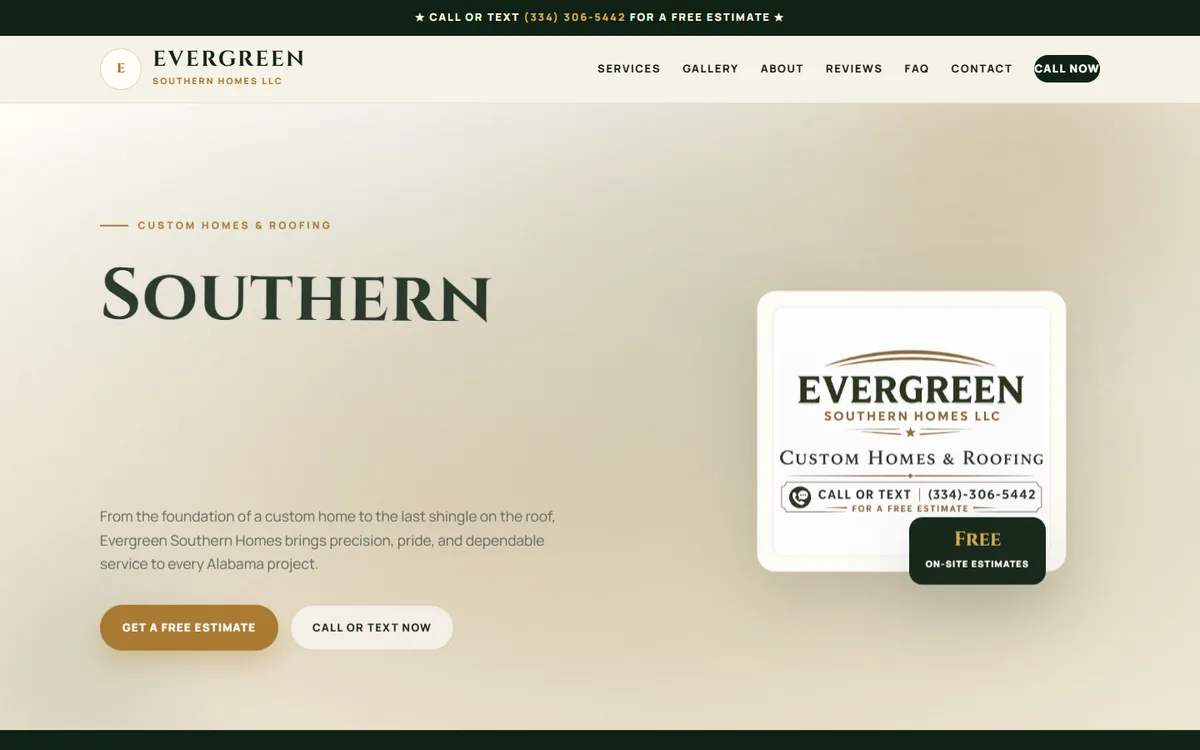 Evergreen Southern Homes demonstration website preview
